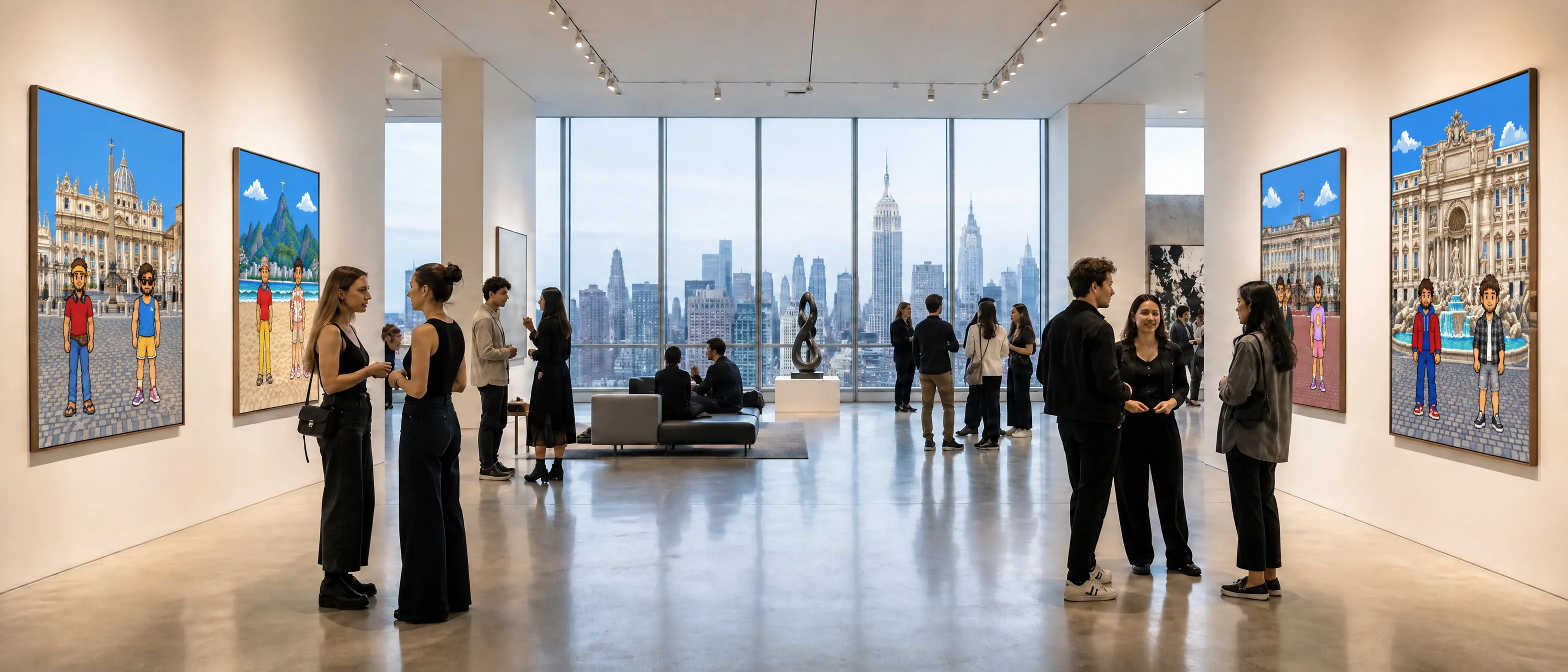 A room at 1K Gallery hung with works from The Time Travelers collection