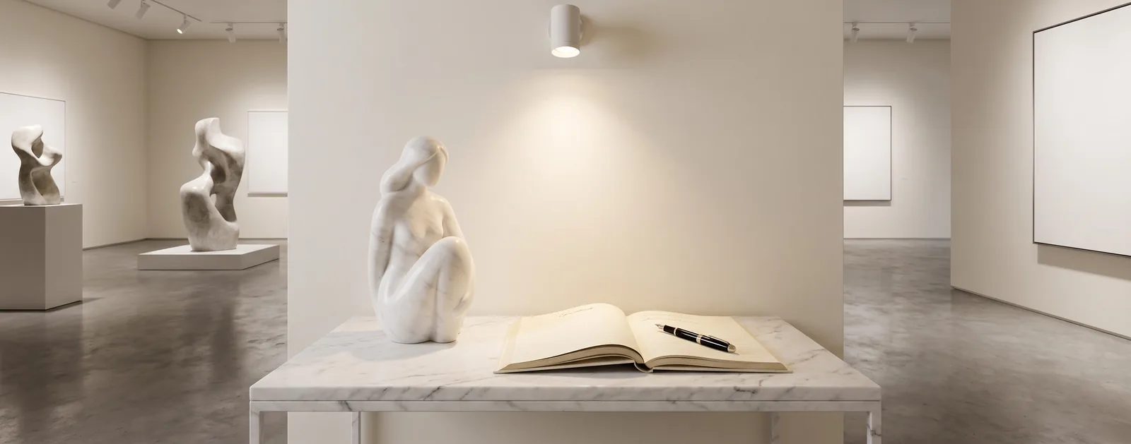 The 1K Gallery guest book, open on a marble table